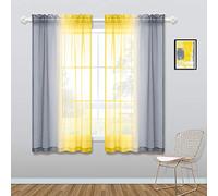 KOUFALL Kitchen Curtains Grey and Lemon Yellow Summer Decor Ombre Sheer Short Curtains for Bathroom Small Windows Sunflower Yellow Light Gray 45 Inch Length