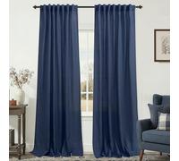 KOUFALL Navy Blue Curtains 96 Inches Long,Boho Farmhouse Linen Sheer Chinoiserie Curtains for Living Room 96 Inch Length 2 Panel Set,Dark Indigo