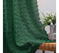 KOUFALL Sheer Curtains 63 Inch Length for Living Room, Pom Pom Textured Sheer Curtain for Bedroom Dining Room, Hunter Emerald Green