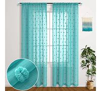 KOUFALL Teal Curtains 84 Inch Length for Bedroom 2 Panels Set,Sheer Boho Bohemian Pom Pom Summer Curtains for Living Room 84 Inches Long
