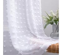 KOUFALL White Sheer Curtains 96 Inches Long for Living Room with Pattern Boho Design Pom Pom Back Tab Ceiling to Floor Length Curtain for Large Bay Window 8 FT