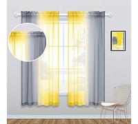 KOUFALL Yellow Sheer Curtains 63 Inch Length for Bedroom 2 Panel Sets Rod Pocket Ombre Sunflower Themed Yellow and Gray Curtains for Girls Room Dining Area 50x63 Inches Long Bright Yellow and Grey
