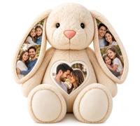 Kouipoie Personalised Photo Rabbit Plush Toy, Custom Memory Rabbit with 8 Photo Prints in Ears, Soft Long Ear Stuffed Animal Keepsake Gift for Couples, Family, Baby & Pet Memorial (Beige)