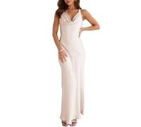 KOUNAI Satin Cowl Neck Sleeveless Backless Maxi Wedding Guest Dress Silk Open Back Tie Back Prom Formal Dresses for Women 2024, Champagne, XS