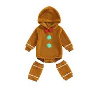 Kouoybt Baby Gingerbread Costume Toddler Boy Girl Christmas Ginger Bread Outfit Long Sleeve Hooded Bow Romper (A-Khaki, 0-6 Months)