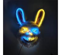 Kouoybt Halloween Scary Bunny Mask LED Light Up Creepy Plush Rabbit Mask Horror Lighting Mask for Halloween Party Costume (Dark Blue Yellow, One Size)