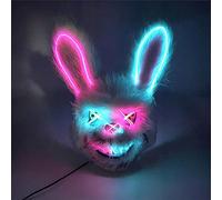 Kouoybt Halloween Scary Bunny Mask LED Light Up Creepy Plush Rabbit Mask Horror Lighting Mask for Halloween Party Costume (Pink Blue, One Size)