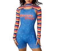 Kouoybt Women Halloween Costumes Set Scary Nightmare Killer Doll Jumpsuits Funny Sexy Playsuit One-Piece Romper for Halloween Cosplay Party (Blue, M)