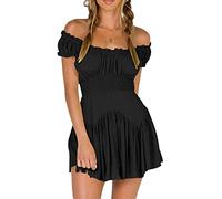 Kouoybt Women Romper Dress Off Shoulder Ruffle Mini Dress Puff Sleeve Short Jumpsuit Layered A Line Flowy Swing Beach Summer Dresses (B-Black, XL)