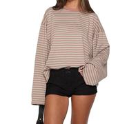 Kouoybt Womens Striped Long Sleeve Shirt Oversized Crewneck Sweatshirt Y2k Casual Loose Pullover Top Streetwear (A-Pink, M)