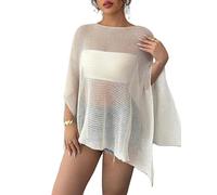 Kouoybt Womens Summer Knit Sheer Poncho Tops One Shoulder Loose Knit Cover-up Trendy Lightweight Asymmetric Shrug Pullover (C-White, M)