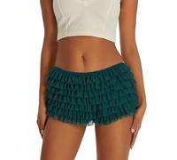 Kouoybt Women's Summer Ruffled Frilly Shorts, Multi-Layer Mesh Short Pants Sweet Cute Bloomers (Dark Green 1, S)