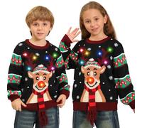 Kouric Christmas Jumper Kids,Boys Girls Light Up Christmas Jumpers,Unisex Funny Novelty Reindeer Led Flashing Ugly Christmas Sweater,Best Festive Tacky Rude Matching Xmas Jumper for Children 4-13years