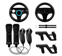 KOUROU 8PCS Motion Plus Wii Remote Controllers with Nunchucks, Mario Kart Steering Wheels and Zapper Light Gun(2Controllers+2Nunchucks+2 Wheels+2Gun)