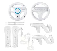 KOUROU 8PCS Motion Plus Wii Remote Controllers with Nunchucks, Mario Kart Steering Wheels and Zapper Light Gun(2 Wheels+2Gun+2Controllers+2Nunchucks,White)
