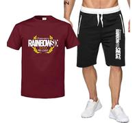 KouRy Mens Short Sleeve Short Set for Rainbow Six Siege Summer Tracksuit Sets Casual Sports Shorts T-shirt Sweatsuits for Running Fitness(Red,S)