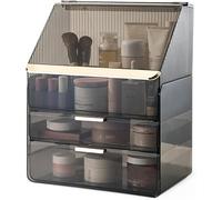 Kousee Makeup Organizer Countertop with Lid, Skincare Organizers for Vanity, 3 Tiers Clear Makeup Storage Cosmetic Display Cases Holder for Bedroom Bathroom Dresser Desk Countertop -Black