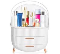 Kousee Makeup Storage Organizer, Skincare Organisers Cosmetic Display Case with Dust Free Cover Portable Handle, Waterproof Makeup Box for Vanity Countertop Bathroom Dresser- White