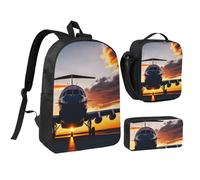 KOUUIP Aircraft Plane at Sunset print Backpacks With Lunch Pack Pencil Case 3pcs, Lightweight Bookbag Unisex for Traveling