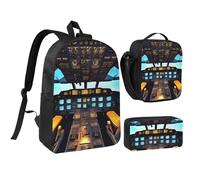 KOUUIP Airplane Cockpit print Backpacks With Lunch Pack Pencil Case 3pcs, Lightweight Bookbag Unisex for Traveling, Black, One Size