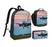 KOUUIP Airplane in The Evening Lights print Backpacks With Lunch Pack Pencil Case 3pcs, Lightweight Bookbag Unisex for Traveling