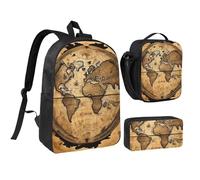KOUUIP Ancient Map World Globe print Backpacks With Lunch Pack Pencil Case 3pcs, Lightweight Bookbag Unisex for Traveling