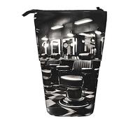 KOUUIP Barber Shop Monochrome Style print Telescopic Pencil Bag Pen Holder Stationery Case, Stand-up Retractable Bag Standing Organizer, Black, One Size