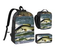KOUUIP Bass Fishing Wave print Backpacks With Lunch Pack Pencil Case 3pcs, Lightweight Bookbag Unisex for Traveling