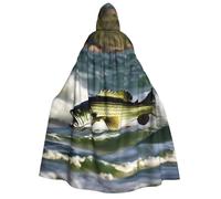 KOUUIP Bass Fishing Wave print Medieval Hooded Cloak with hood Cape Adult Halloween Cosplay Robe Wizard Costume For Women Men