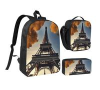 KOUUIP Beautiful Eiffel Tower Paris print Backpacks With Lunch Pack Pencil Case 3pcs, Lightweight Bookbag Unisex for Traveling