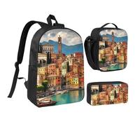 KOUUIP beautiful Italy print Backpacks With Lunch Pack Pencil Case 3pcs, Lightweight Bookbag Unisex for Traveling
