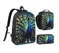 KOUUIP Beautiful peacock print Backpacks With Lunch Pack Pencil Case 3pcs, Lightweight Bookbag Unisex for Traveling