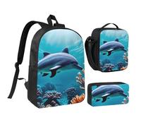 KOUUIP Beautiful Underwater World Dolphins Coral print Backpacks With Lunch Pack Pencil Case 3pcs, Lightweight Bookbag Unisex for Traveling