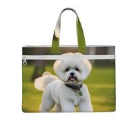 KOUUIP Bichon Frise Dog on the grass Canvas Document Bag with Print 10.6 * 15 Inch, 2 Zipper Pockets, Clutter-Free for Office Files