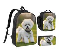 KOUUIP Bichon Frise Dog on the grass print Backpacks With Lunch Pack Pencil Case 3pcs, Lightweight Bookbag Unisex for Traveling