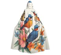 KOUUIP Birds Flowers Butterfly print Medieval Hooded Cloak with hood Cape Adult Halloween Cosplay Robe Wizard Costume For Women Men
