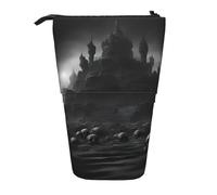 KOUUIP Black and white skulls 1 print Telescopic Pencil Bag Pen Holder Stationery Case, Stand-up Retractable Bag Standing Organizer