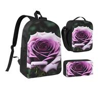 KOUUIP Black Blackgound Rose print Backpacks With Lunch Pack Pencil Case 3pcs, Lightweight Bookbag Unisex for Traveling
