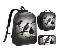 KOUUIP Black Crow Birds on a branch print Backpacks With Lunch Pack Pencil Case 3pcs, Lightweight Bookbag Unisex for Traveling