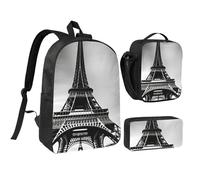 KOUUIP Black Paris Eiffel Tower print Backpacks With Lunch Pack Pencil Case 3pcs, Lightweight Bookbag Unisex for Traveling