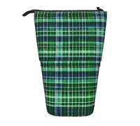 KOUUIP Blue and Green Scottish Tartan print Telescopic Pencil Bag Pen Holder Stationery Case, Stand-up Retractable Bag Standing Organizer