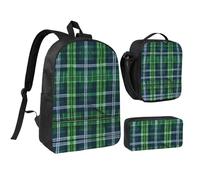 KOUUIP Blue Scottish Tartan print Backpacks With Lunch Pack Pencil Case 3pcs, Lightweight Bookbag Unisex for Traveling