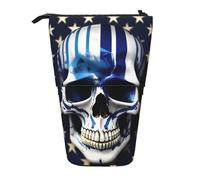 KOUUIP Blue Stripe Stars Skull print Telescopic Pencil Bag Pen Holder Stationery Case, Stand-up Retractable Bag Standing Organizer