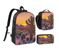 KOUUIP Cactus Desert Sunsets print Backpacks With Lunch Pack Pencil Case 3pcs, Lightweight Bookbag Unisex for Traveling