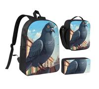 KOUUIP cartoon pigeon print Backpacks With Lunch Pack Pencil Case 3pcs, Lightweight Bookbag Unisex for Traveling