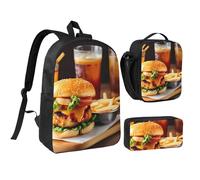 KOUUIP Chicken leg burger drink print Backpacks With Lunch Pack Pencil Case 3pcs, Lightweight Bookbag Unisex for Traveling, Black, One Size