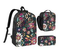 KOUUIP Colorful Boho Floral print Backpacks With Lunch Pack Pencil Case 3pcs, Lightweight Bookbag Unisex for Traveling