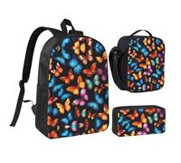 KOUUIP Colorful Butterfly print Backpacks With Lunch Pack Pencil Case 3pcs, Lightweight Bookbag Unisex for Traveling