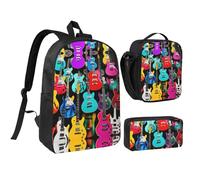 KOUUIP Colorful Guitars print Backpacks With Lunch Pack Pencil Case 3pcs, Lightweight Bookbag Unisex for Traveling