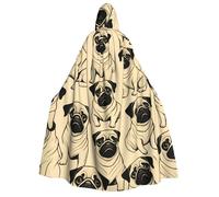 KOUUIP Cute Pug Dog print Medieval Hooded Cloak with hood Cape Adult Halloween Cosplay Robe Wizard Costume For Women Men